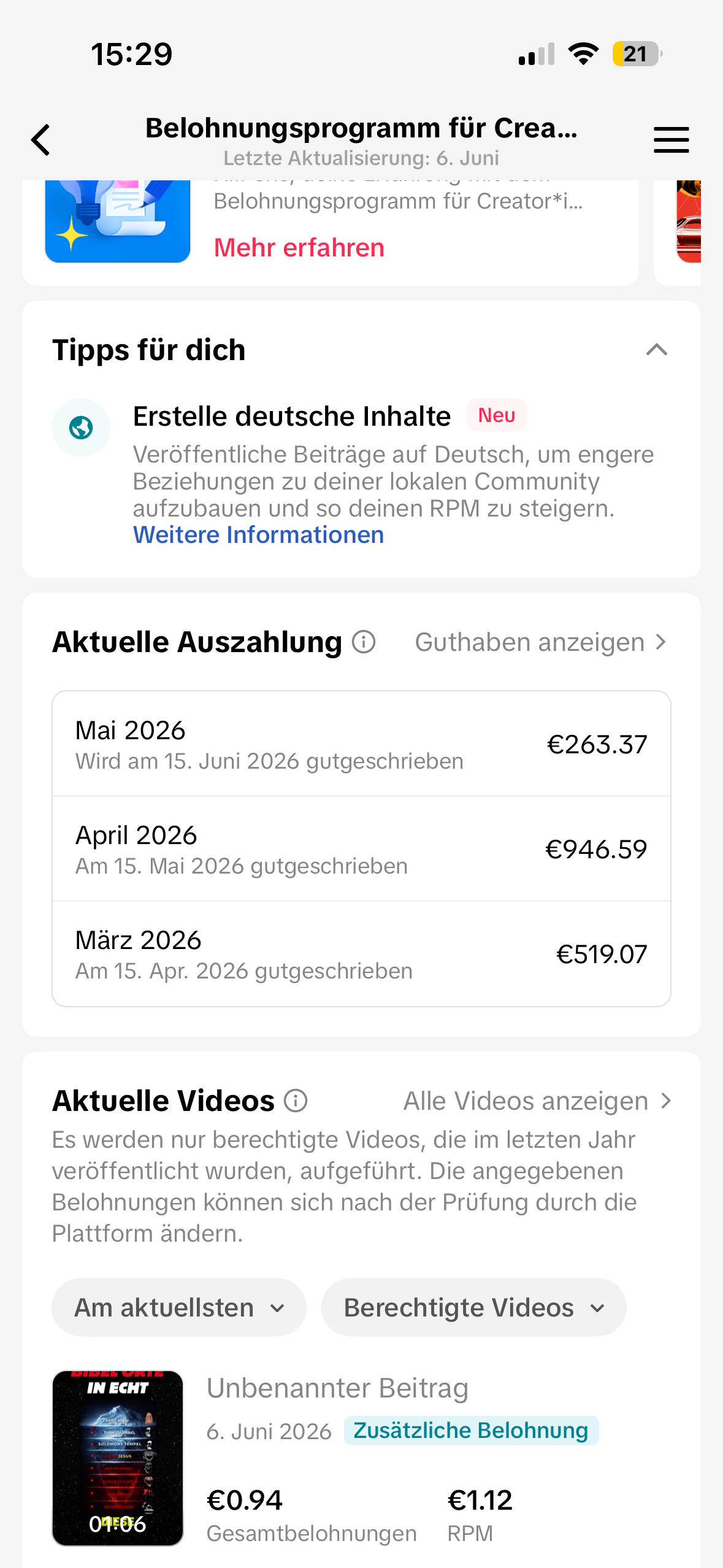 Monatliche Auszahlungen: 263,37 Euro, 946,59 Euro und 519,07 Euro